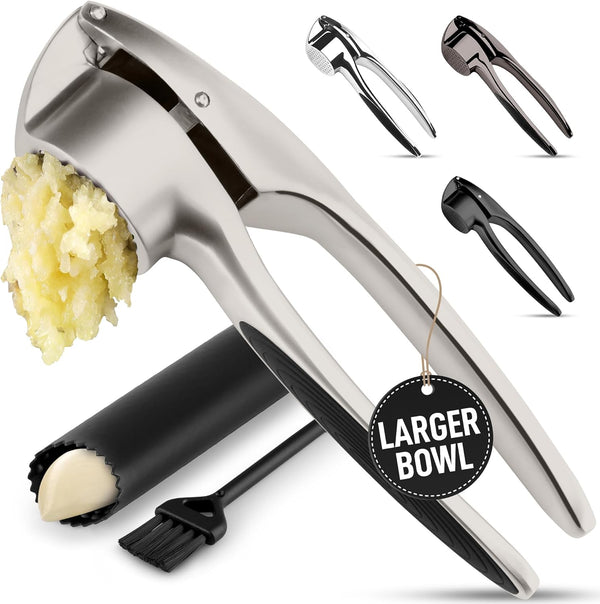 Large Premium Garlic Press Set – Rust Proof & Dishwasher Safe, Bigger Bowl Garlic Mincer Tool with Silicone Garlic Peeler & Brush, Easy Squeeze & Clean, Ergonomic Handle - Silver
