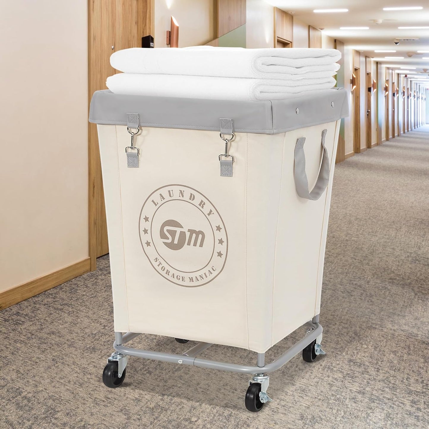 Commercial Laundry Hamper with Heavy Duty Steel Frame, 160 L Industrial Laundry Basket Cart with Wheels for Hotel, Home, Laundry Room, 17.72''L X 17.72''W X 30.91''H, Medium Beige