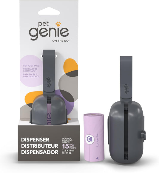 - On-The-Go Dog Poop Bag Dispenser for Leash - Compact & Easy to Use Device for Pet Supplies with 2-Point Secure Attachment, Includes 1 Roll (15 Count) of Scented Poop Bags, (Lavender Scent)