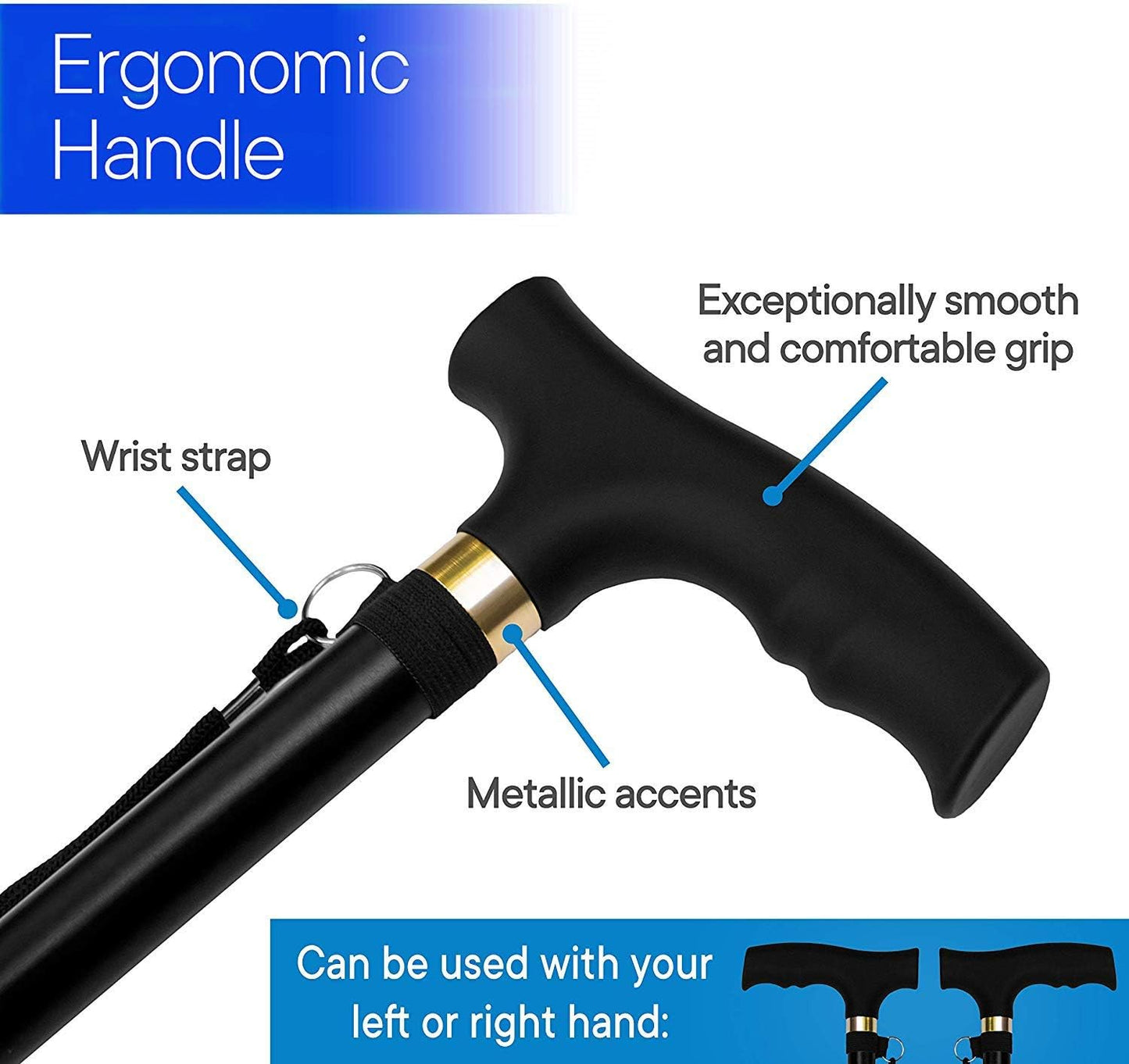 Folding Lightweight Walking Stick - Adjustable Aluminum Metal Collapsible Travel Cane with Non-Slip Rubber Base