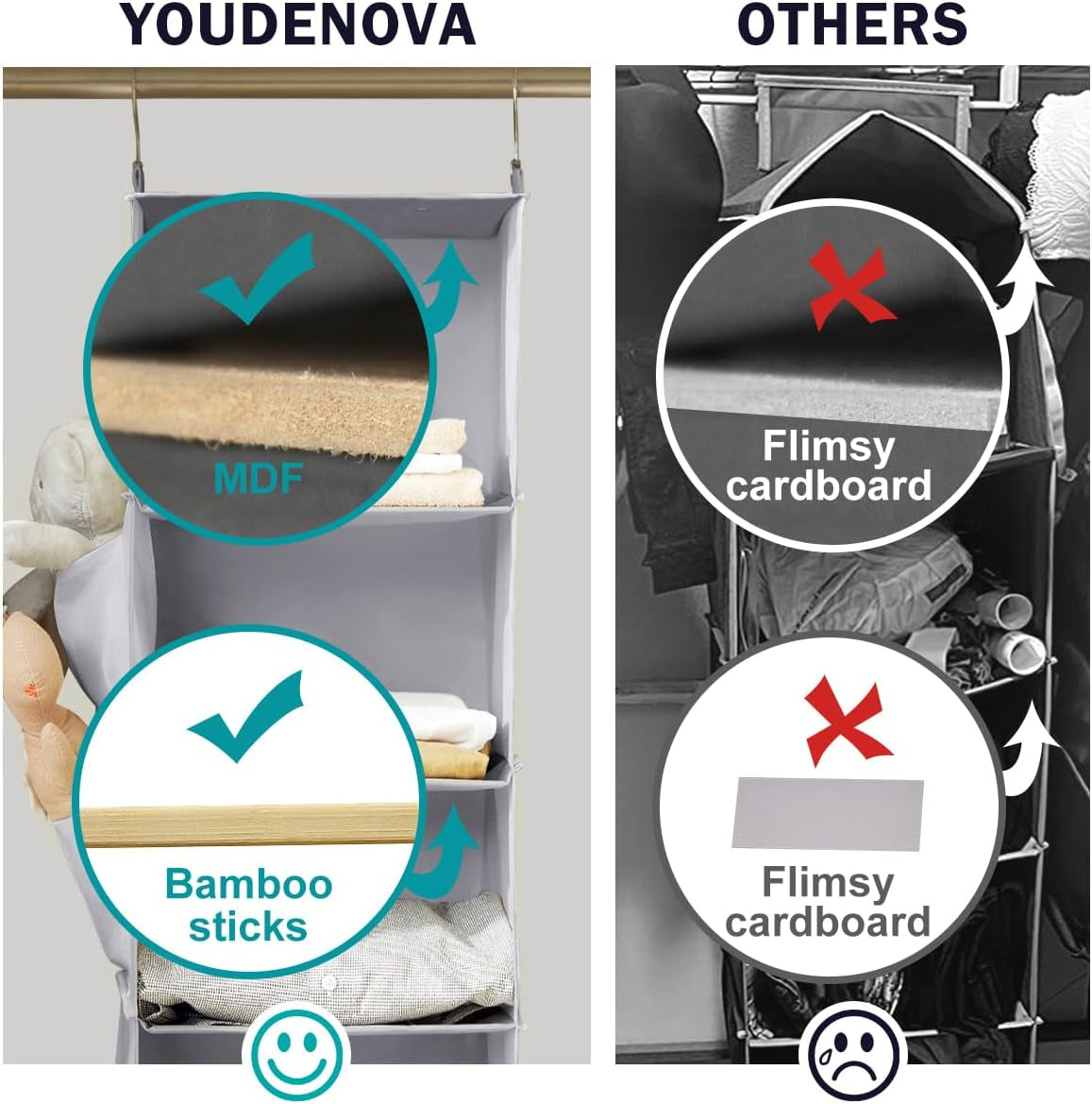 Hanging Closet Organizer and Storage, 6-Shelf Closet Hanging Shelves | Sturdy Bamboo Structure Cloth Hanging Storage, Sweater Organizer, 11.8” X 11.8” X 47.2”, Light Grey