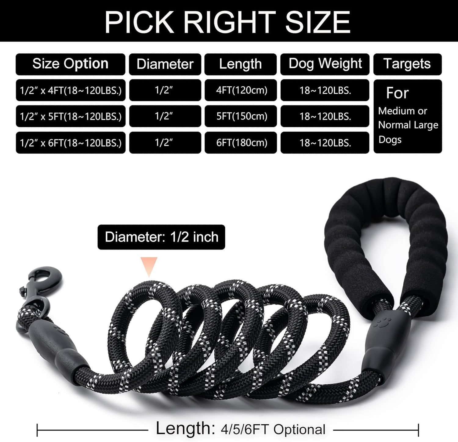 2 Pack Dog Leash, 4/5//6 FT Heavy Duty Nylon Rope Pet Leashes with Comfortable Padded Handle, Reflective Dog Leashes for Small Medium and Large Dogs (4Ft-1/2,Black/Black)