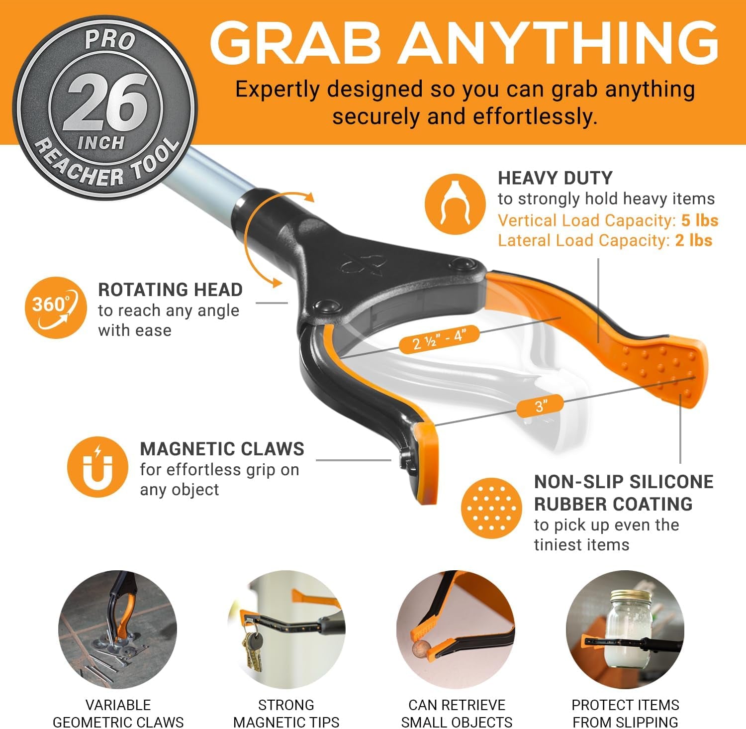 ® Grip Aid Tool Grabber Reacher + Magnets - Grabbers for Seniors, Trash Picker Upper Grabber - Trash Grabber Tool- Reacher Grabber Pickup Tool (Silver, 26" (Pack of 1))