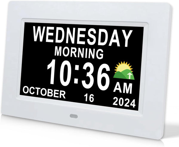 Digital Calendar Dementia Alarm Clock with Day and Date - 15 Alarms 5 Colors Display Digital Clock Large Display. Large Digital Clock for Seniors (7In White)
