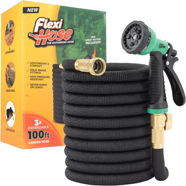 Expandable Garden Hose with 8 Function Nozzle, 100FT - Lightweight Retractable Garden Hose, Water Hose - No-Kink Flexibility, 3/4 Inch Solid Brass Fittings and Double Latex Core