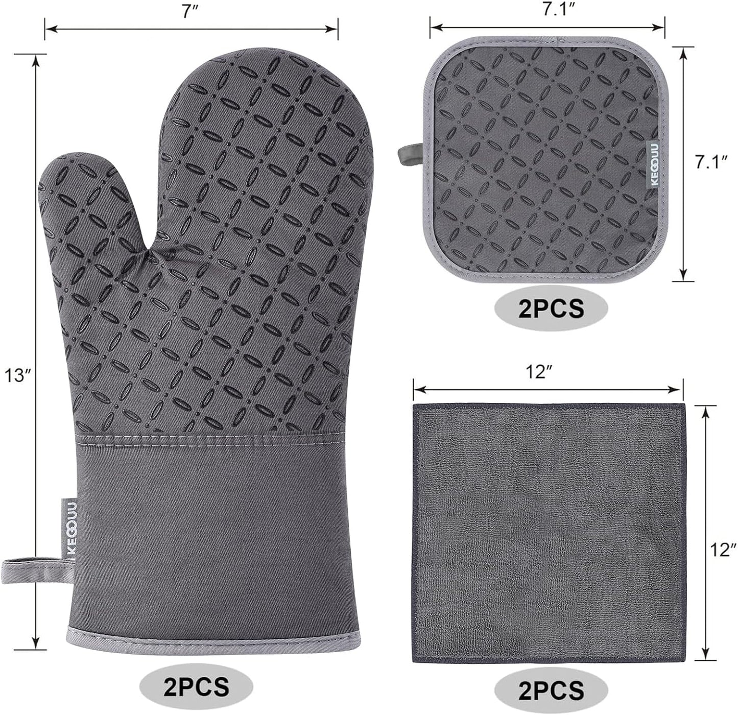Oven Mitts and Pot Holders 6Pcs Set, Kitchen Oven Glove High Heat Resistant 500 Degree Extra Long Oven Mitts and Potholder with Non-Slip Silicone Surface for Cooking (Grey)