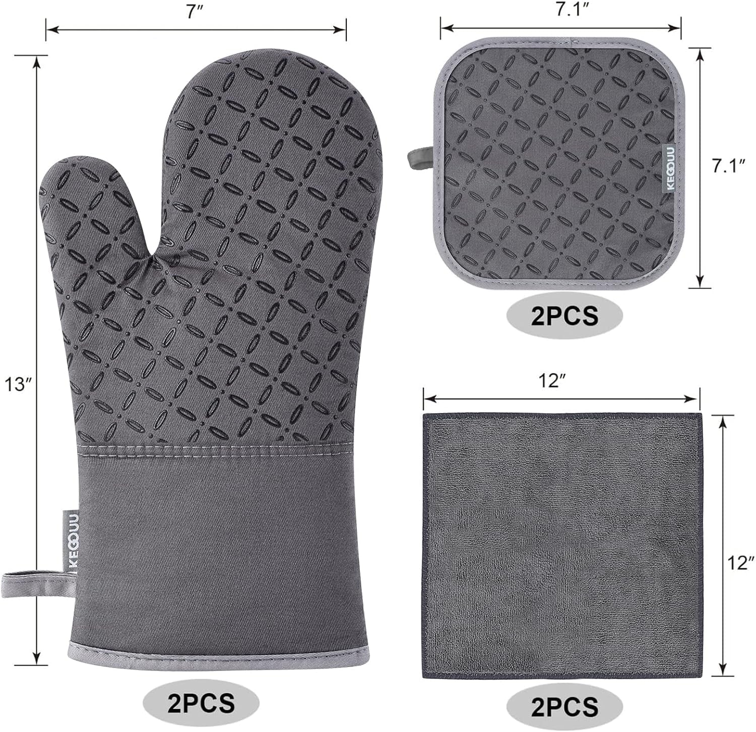 Oven Mitts and Pot Holders 6Pcs Set, Kitchen Oven Glove High Heat Resistant 500 Degree Extra Long Oven Mitts and Potholder with Non-Slip Silicone Surface for Cooking (Grey)