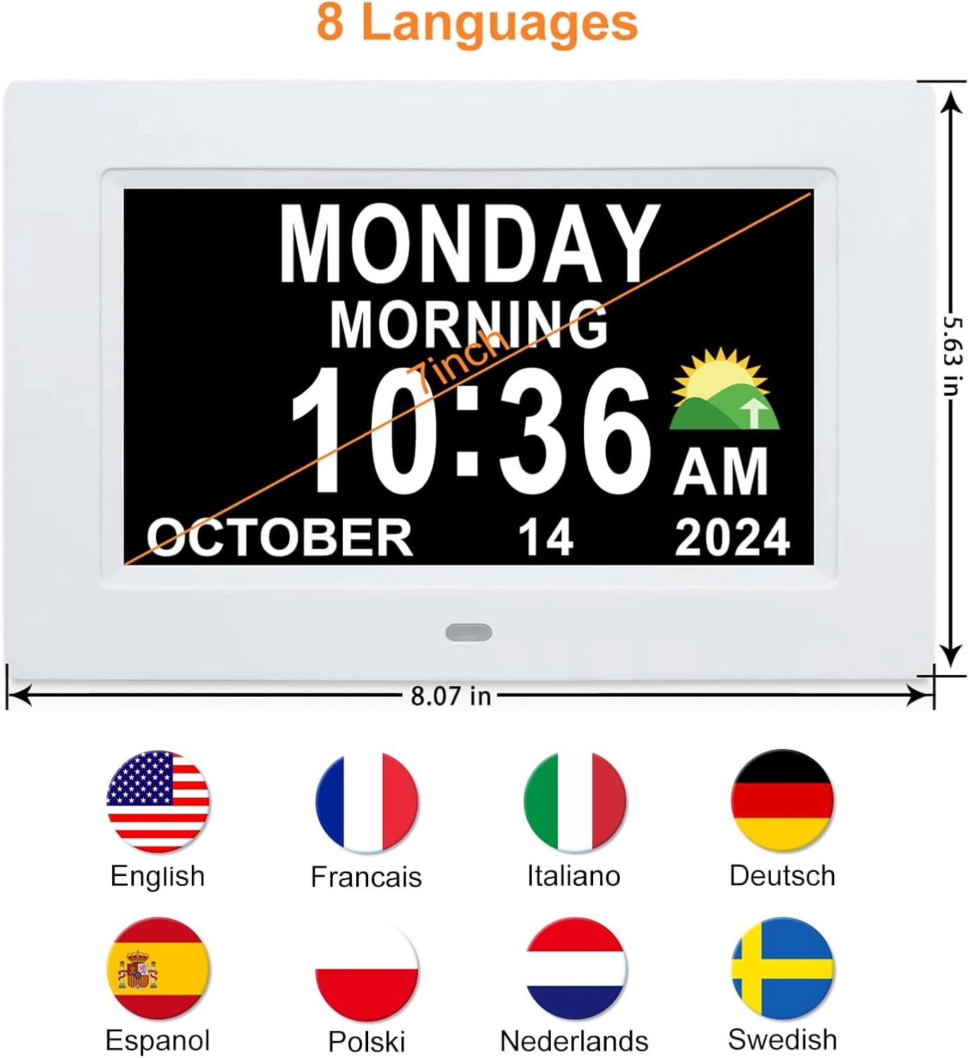 Digital Calendar Dementia Alarm Clock with Day and Date - 15 Alarms 5 Colors Display Digital Clock Large Display. Large Digital Clock for Seniors (7In White)