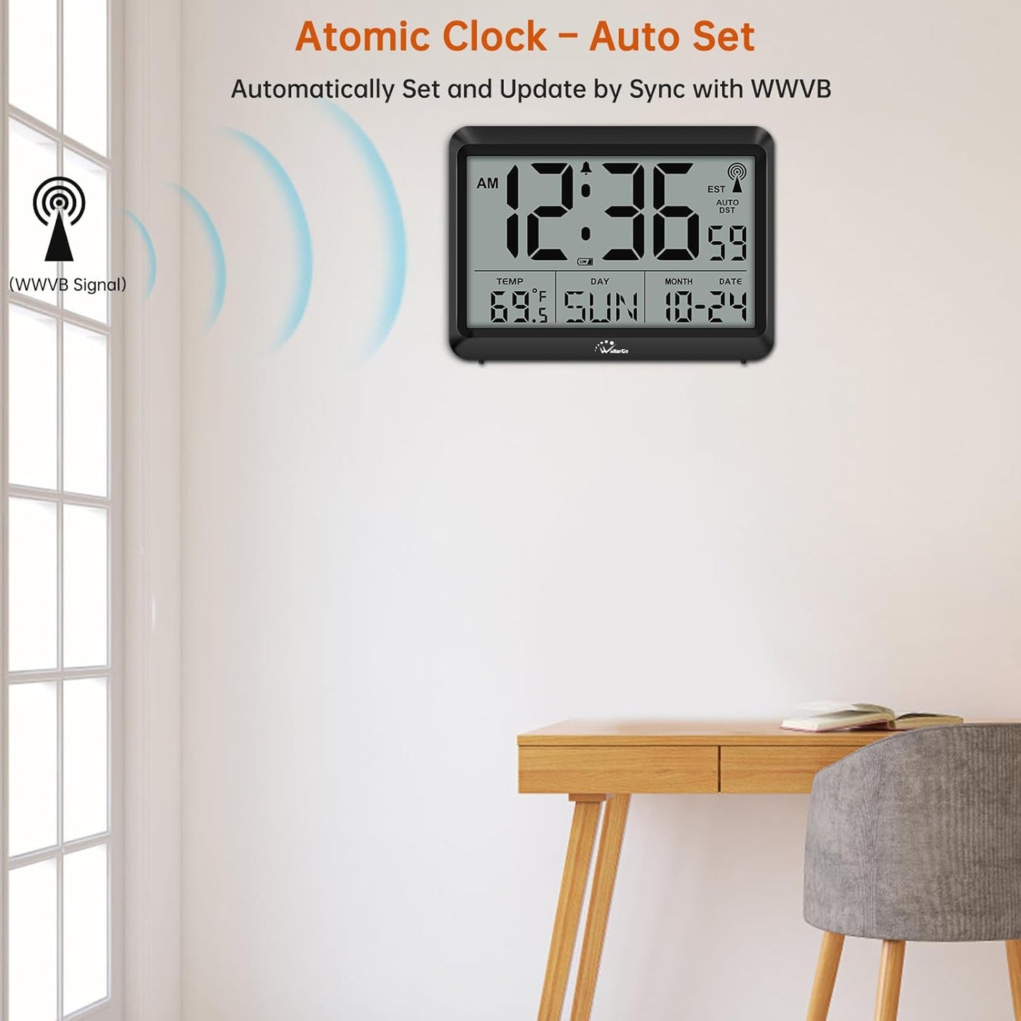Atomic Digital Wall Clock Battery Operated, Self-Setting, Large Display with Temperature, Date, Day of the Week, Silent Wall Mount Digital Clock, 4 Time Zones, DST