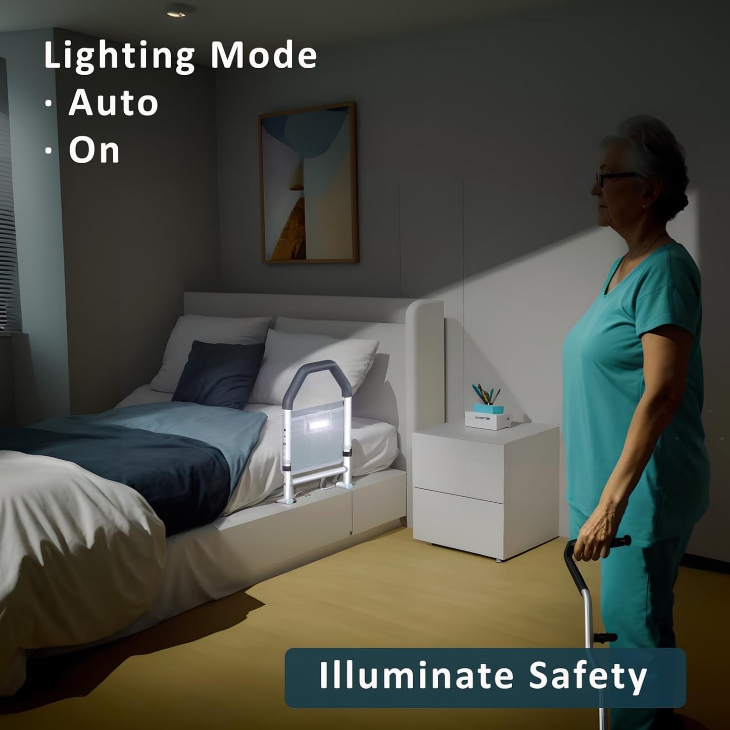Bed Rails for Elderly Adults Safety - with Motion Light & Storage Pocket - Adjustable Bed Assist Rails for Seniors & Patients - Fits All Beds, Tool-Free Assembly