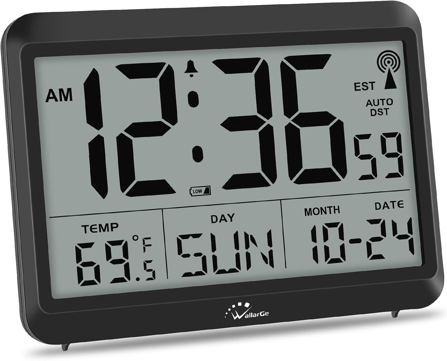 Atomic Digital Wall Clock Battery Operated, Self-Setting, Large Display with Temperature, Date, Day of the Week, Silent Wall Mount Digital Clock, 4 Time Zones, DST