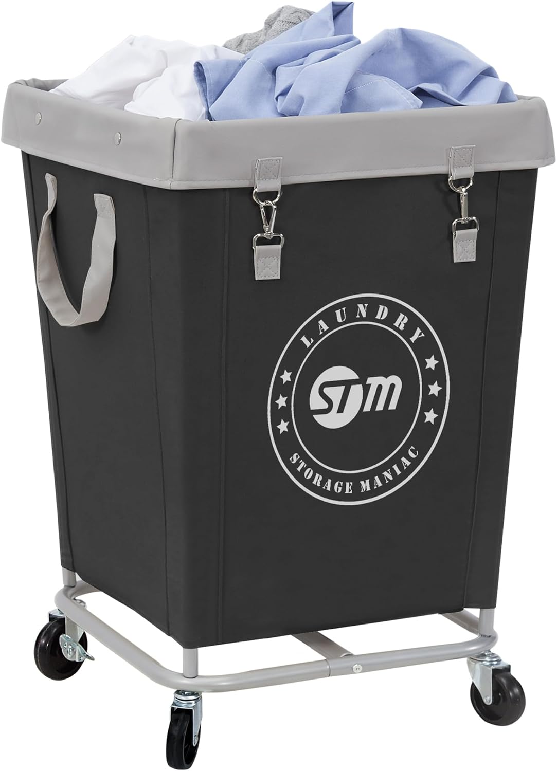Commercial Laundry Hamper with Heavy Duty Steel Frame, 160 L Industrial Laundry Basket Cart with Wheels for Hotel, Home, Laundry Room, 17.72''L X 17.72''W X 30.91''H, Medium Black