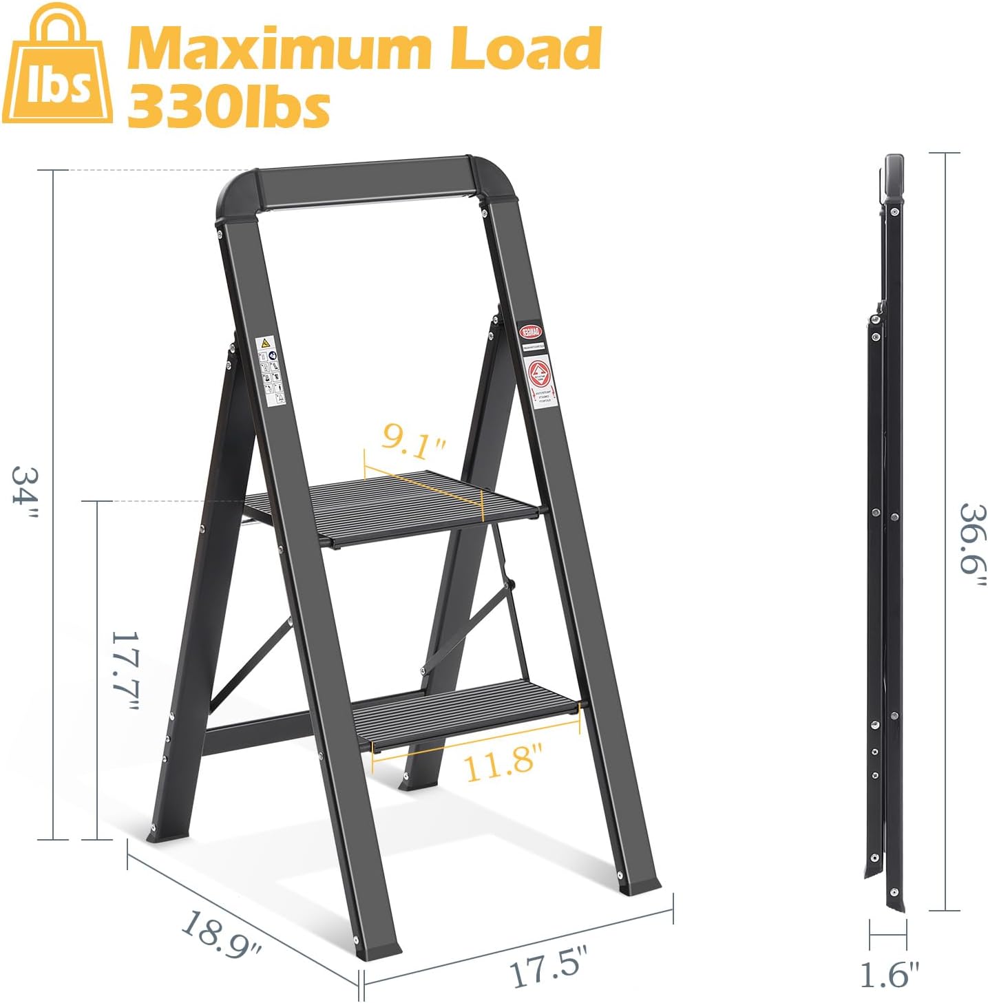 Step Ladder, 2 Steps, Folding Step Ladder with Handrail, Non-Slip Household Ladder with Folding Safety, Aluminium Step Stool, Maximum Load 150 Kg, Black