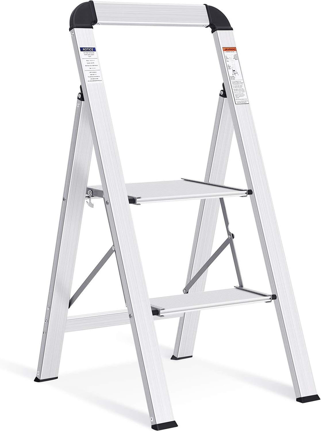 Step Ladder, 2 Steps, Folding Step Ladder with Handrail, Non-Slip Household Ladder with Folding Safety, Aluminium Step Stool, Maximum Load 150 Kg, Black