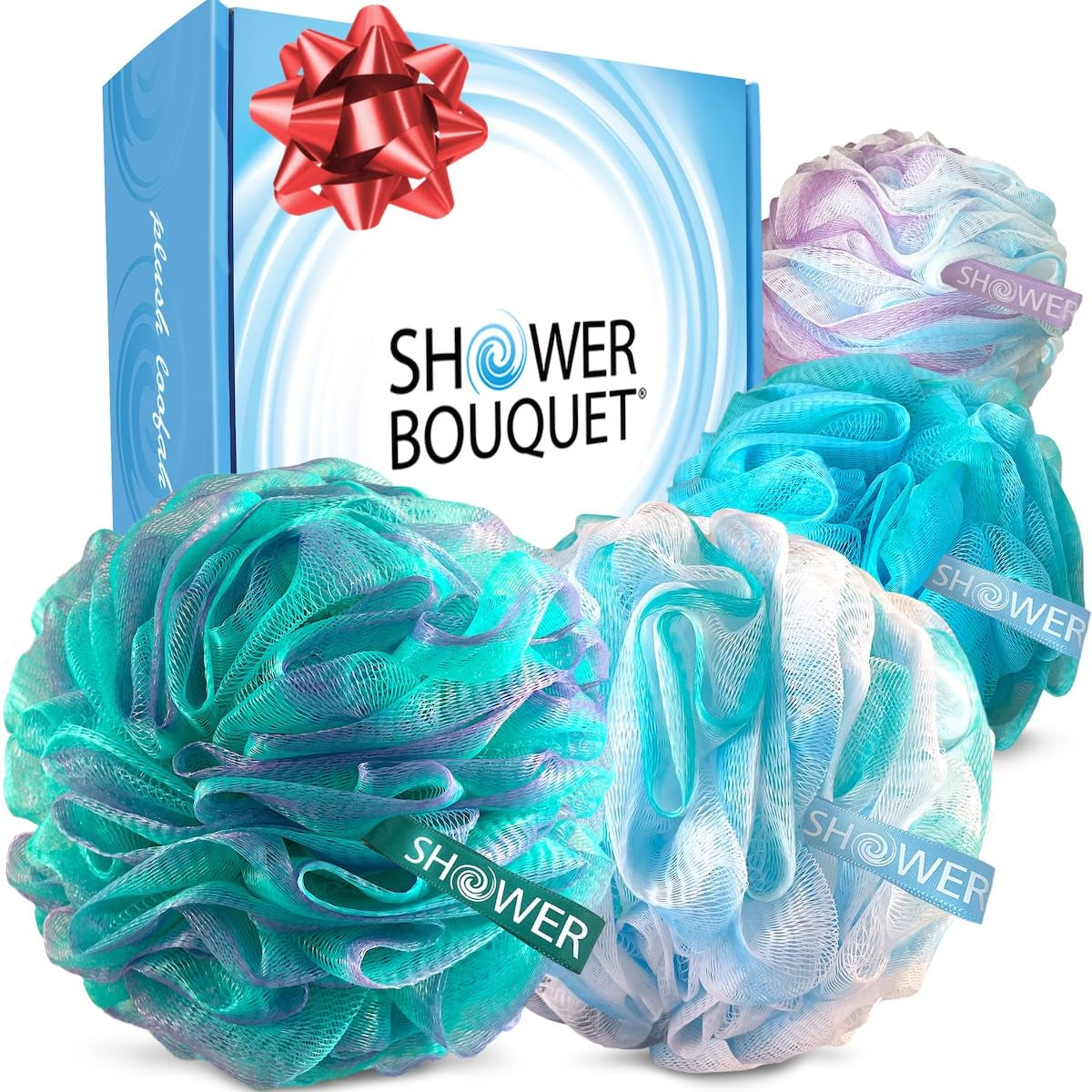 Loofah-Bath-Sponge XL Swirl-Mix-Color 4-Pack // Extra-Large 75G Mesh Luffa Loofa Loufa Puff Pouf Set/Exfoliating Body Scrubber for Women and Men - Exfoliate & Soothe Face & Body