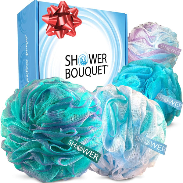 Loofah-Bath-Sponge XL Swirl-Mix-Color 4-Pack // Extra-Large 75G Mesh Luffa Loofa Loufa Puff Pouf Set/Exfoliating Body Scrubber for Women and Men - Exfoliate & Soothe Face & Body