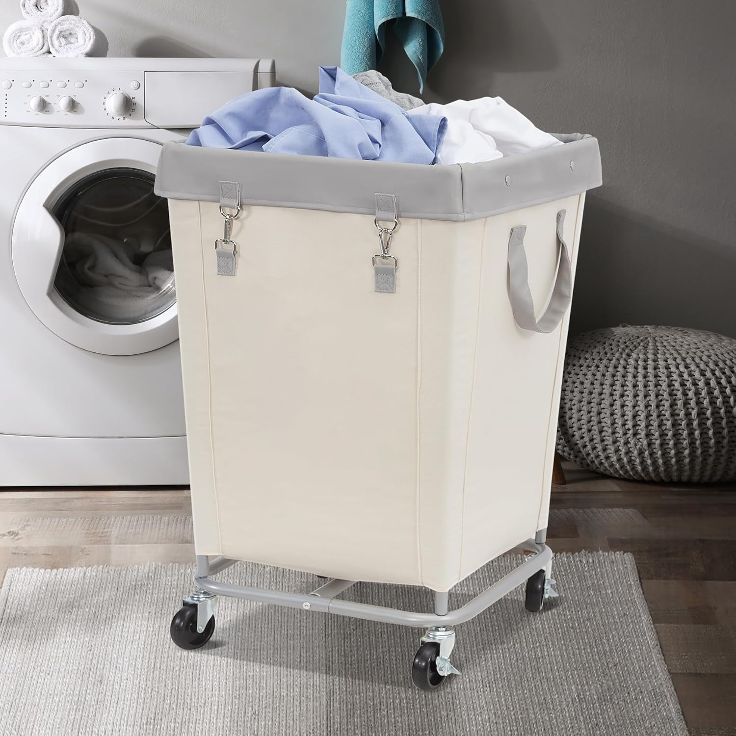 Commercial Laundry Hamper with Heavy Duty Steel Frame, 160 L Industrial Laundry Basket Cart with Wheels for Hotel, Home, Laundry Room, 17.72''L X 17.72''W X 30.91''H, Medium Beige