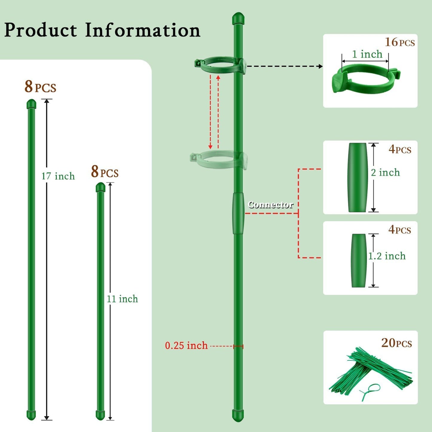 Plant Stakes 17Inch &11Inch  Adjustable Length Plant Support Stake 16Pcs Green Orchid Stick with Clips for Indoor Outdoor,Garden Pole for Potted Tomato Amaryllis Vegetables Comes with 20 Ties