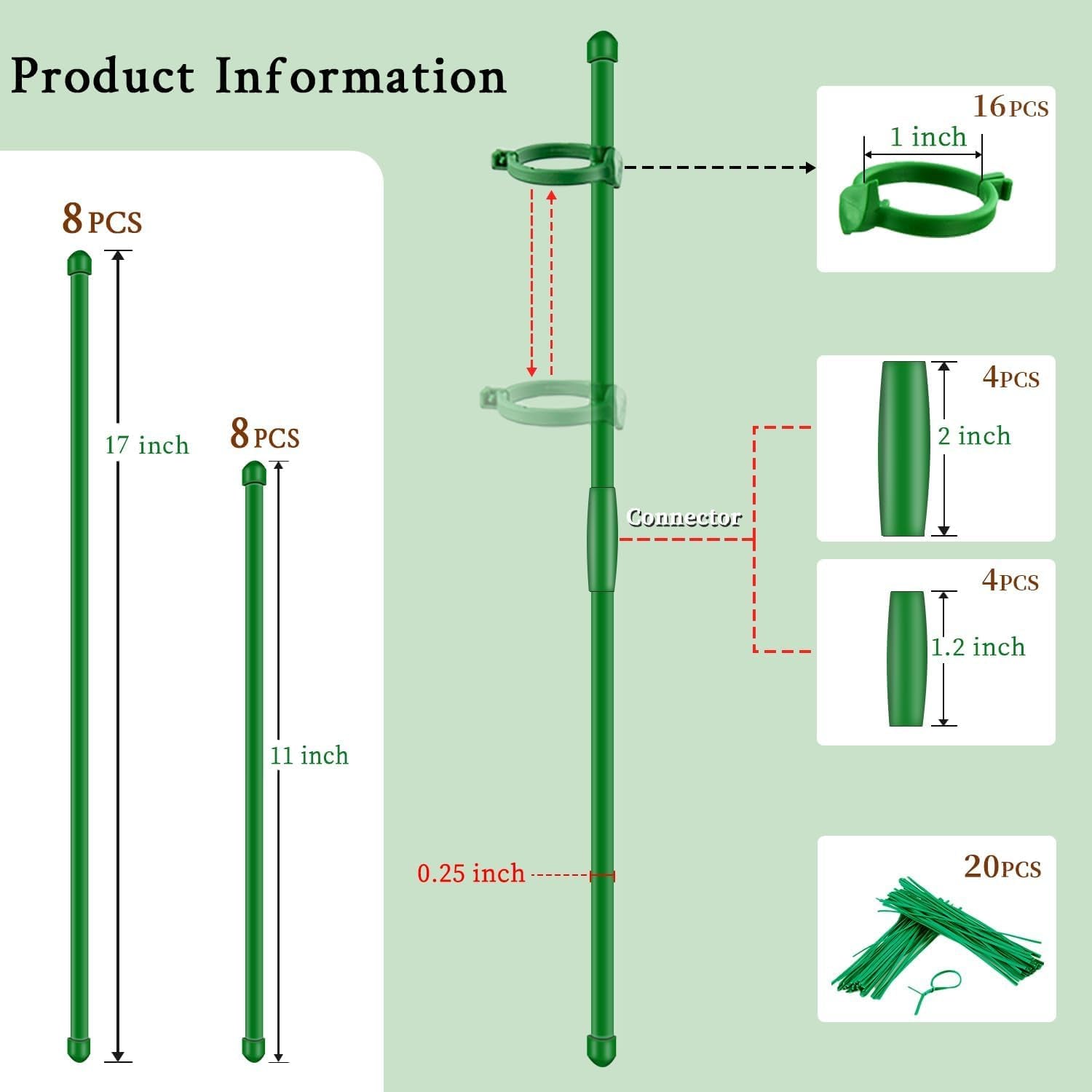Plant Stakes 17Inch &11Inch  Adjustable Length Plant Support Stake 16Pcs Green Orchid Stick with Clips for Indoor Outdoor,Garden Pole for Potted Tomato Amaryllis Vegetables Comes with 20 Ties