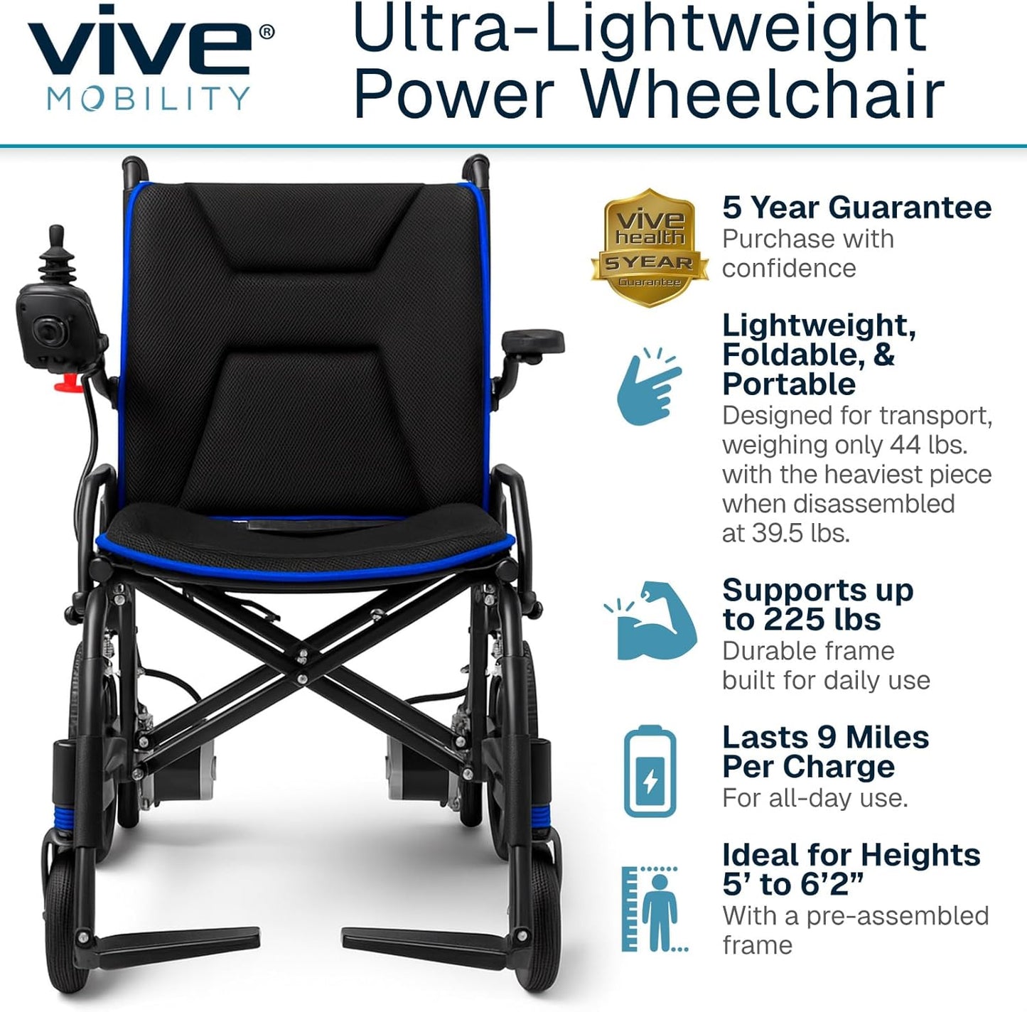 Vive Lightweight Electric Wheelchair for Adults - Foldable Power Wheel Chair - Collapsible, Folding, Ultralight, Motorized, Light Weight Travel Senior Carbon Fiber Mobility Aid - Weighs 39 Lbs