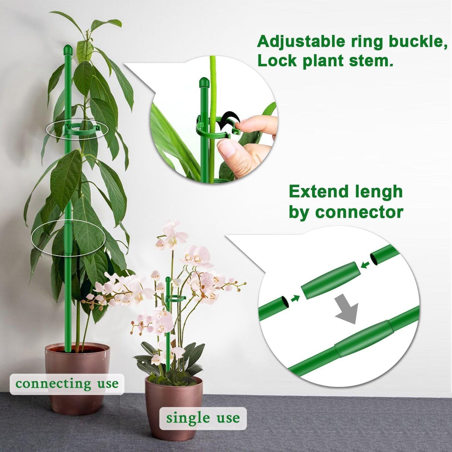 Plant Stakes 17Inch &11Inch  Adjustable Length Plant Support Stake 16Pcs Green Orchid Stick with Clips for Indoor Outdoor,Garden Pole for Potted Tomato Amaryllis Vegetables Comes with 20 Ties