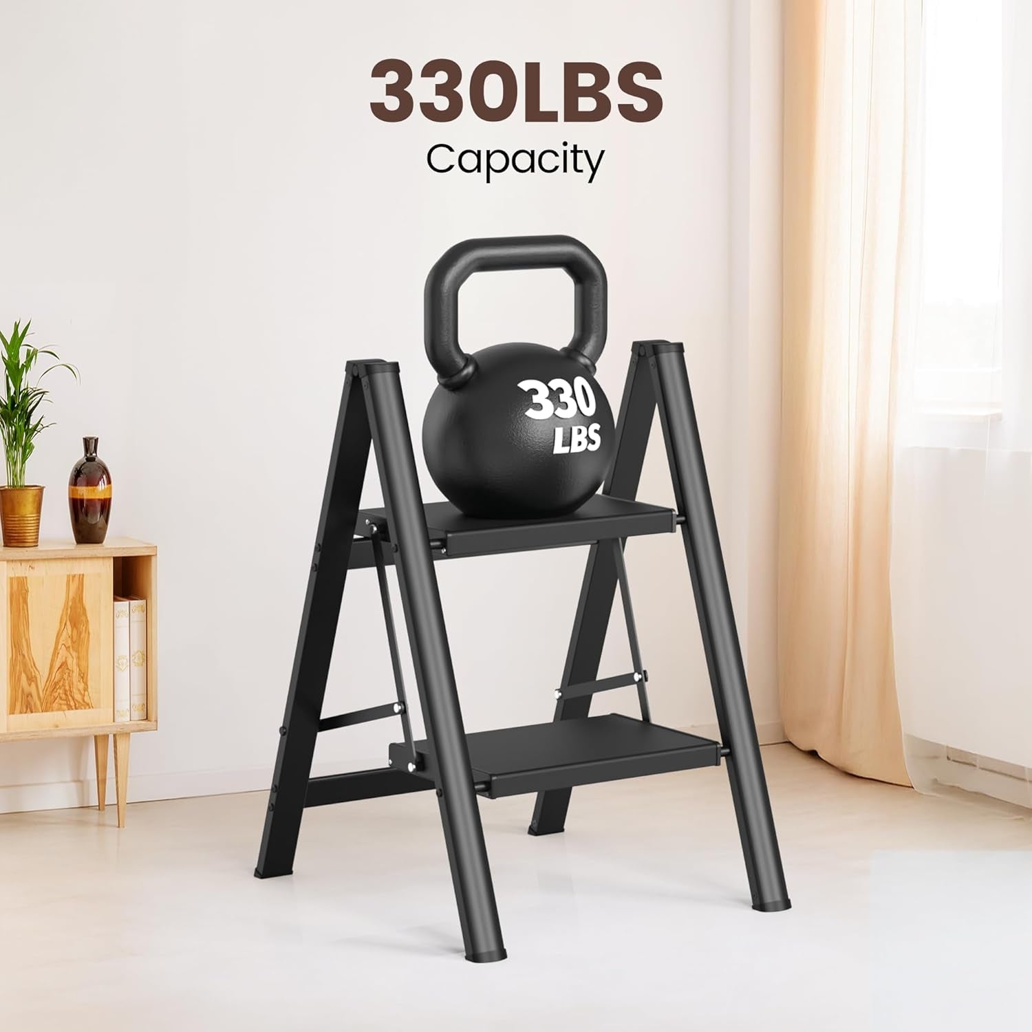 Step Ladder,Lightweight Aluminum Folding Step Stool with Anti-Slip Wide Pedal,330Lbs Capacity Step Ladder for Household,Kitchen,Office - Black