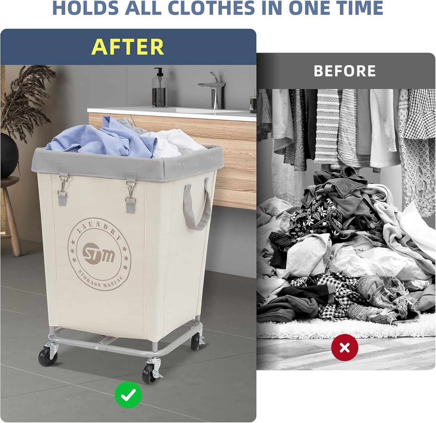 Commercial Laundry Hamper with Heavy Duty Steel Frame, 160 L Industrial Laundry Basket Cart with Wheels for Hotel, Home, Laundry Room, 17.72''L X 17.72''W X 30.91''H, Medium Beige