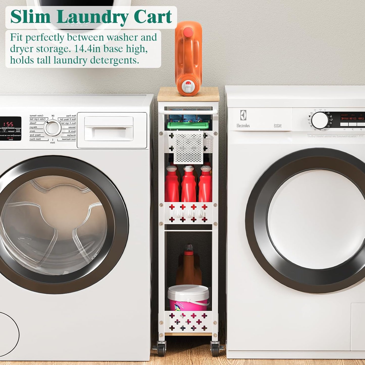 Slim Storage Cart 4 Tier Laundry Cart with Wheels, Narrow Metal Kitchen Rolling Carts Bathroom Organizers Storage Shelf with Wood Rack and Handle for Small Space