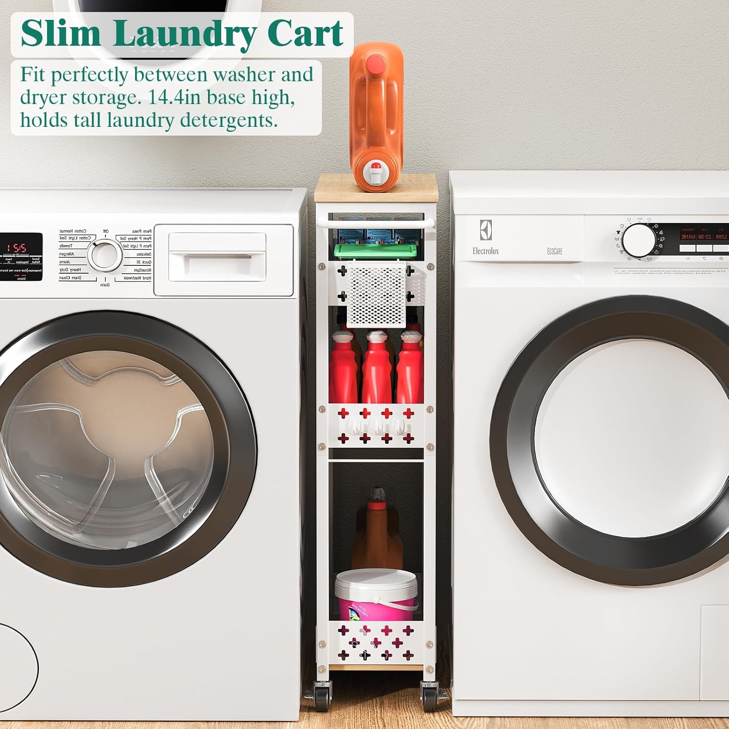 Slim Storage Cart 4 Tier Laundry Cart with Wheels, Narrow Metal Kitchen Rolling Carts Bathroom Organizers Storage Shelf with Wood Rack and Handle for Small Space