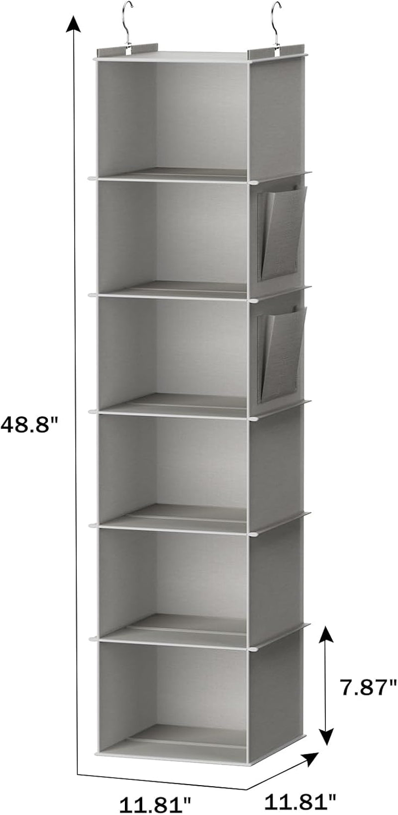 Hanging Closet Organizer and Storage, 6-Shelf Closet Hanging Shelves | Sturdy Bamboo Structure Cloth Hanging Storage, Sweater Organizer, 11.8” X 11.8” X 47.2”, Light Grey