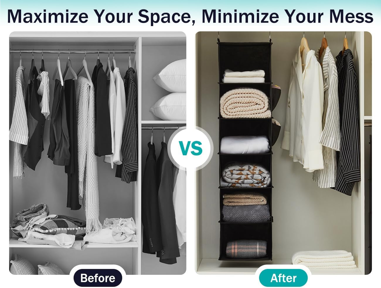 Hanging Closet Organizers and Storage, 6-Shelf Hanging Closet Shelves, Black