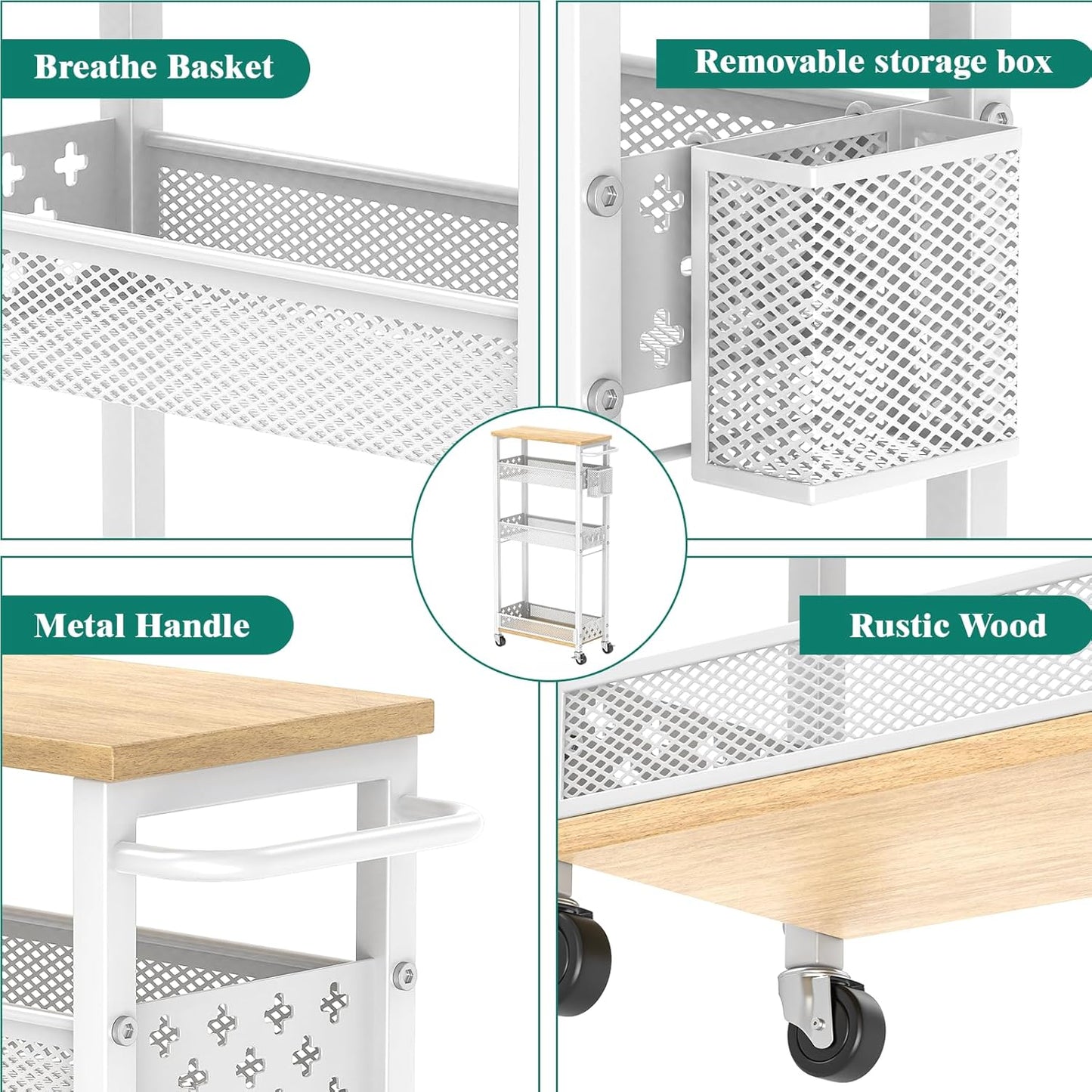 Slim Storage Cart 4 Tier Laundry Cart with Wheels, Narrow Metal Kitchen Rolling Carts Bathroom Organizers Storage Shelf with Wood Rack and Handle for Small Space