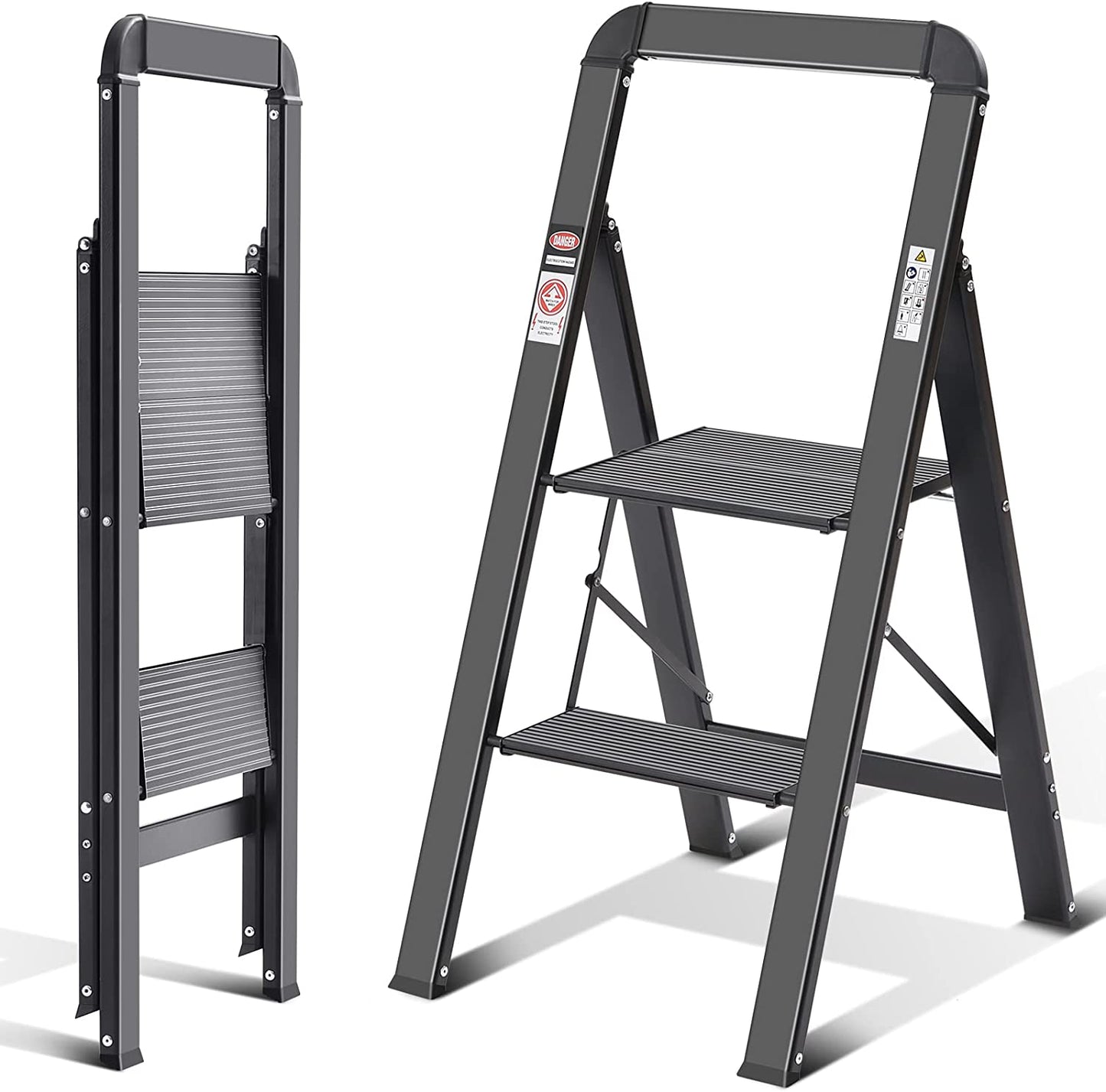 Step Ladder, 2 Steps, Folding Step Ladder with Handrail, Non-Slip Household Ladder with Folding Safety, Aluminium Step Stool, Maximum Load 150 Kg, Black