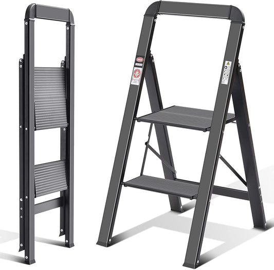 Step Ladder, 2 Steps, Folding Step Ladder with Handrail, Non-Slip Household Ladder with Folding Safety, Aluminium Step Stool, Maximum Load 150 Kg, Black