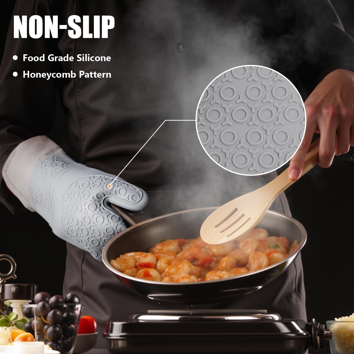 6Pcs Oven Mitts and Pot Holders Sets for Kitchen, Extra Long Silicone Oven Gloves High Heat Resistant 500 Degrees Non-Slip Potholders Hot Pads for Baking Cooking, Grey