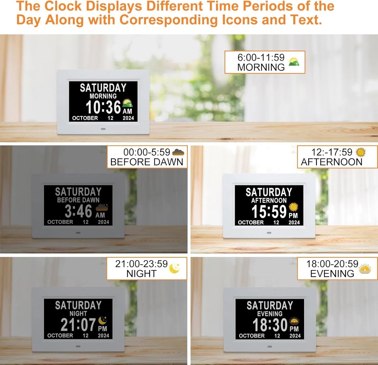 Digital Calendar Dementia Alarm Clock with Day and Date - 15 Alarms 5 Colors Display Digital Clock Large Display. Large Digital Clock for Seniors (7In White)