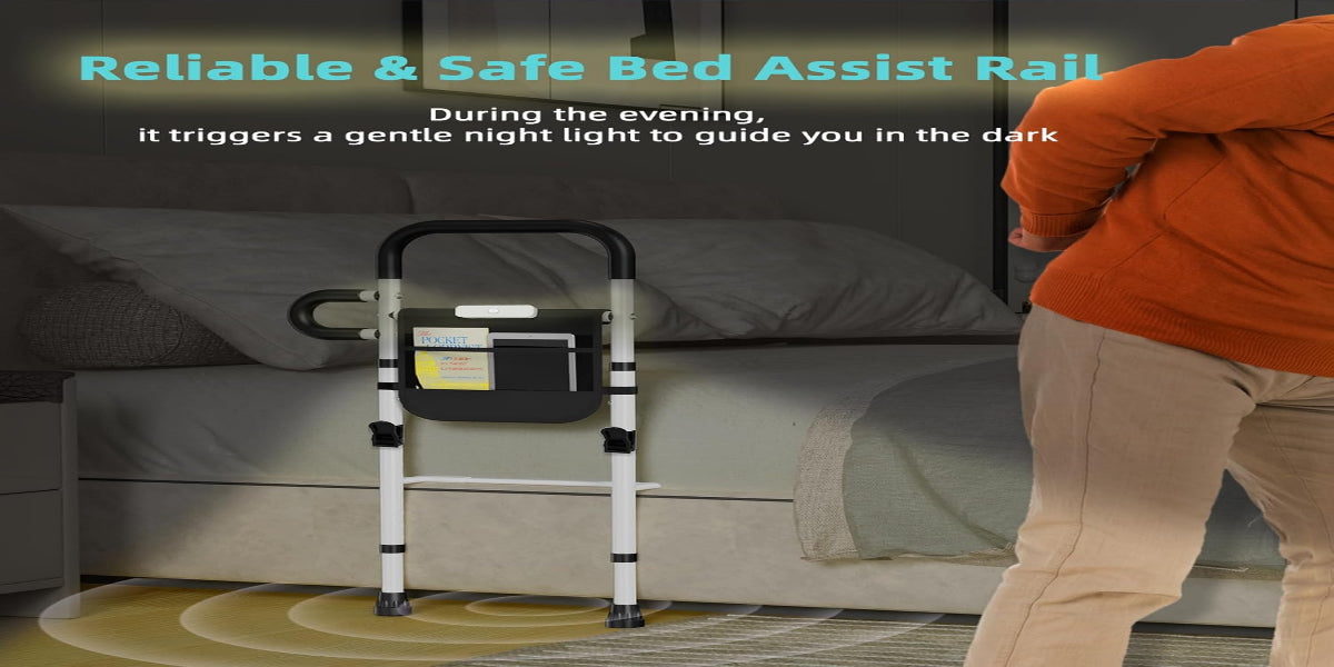 Bed Rails for Elderly Adults Safety with Motion Sensor LED Light - Adjustable Bed Assist Rails for Full Size, Portable Bed Cane for Seniors with Storage Pocket, Hold up to 300 Lbs