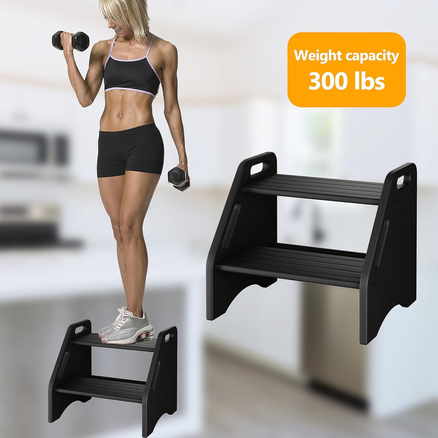 Wooden Step Stool, Two Step Stools 300 Lbs Capacity with Safety Non-Slip Pads and Handles, Bamboo Step Stool for Bathroom, Kitchen Dual Height Step Stools for Adults (Black)