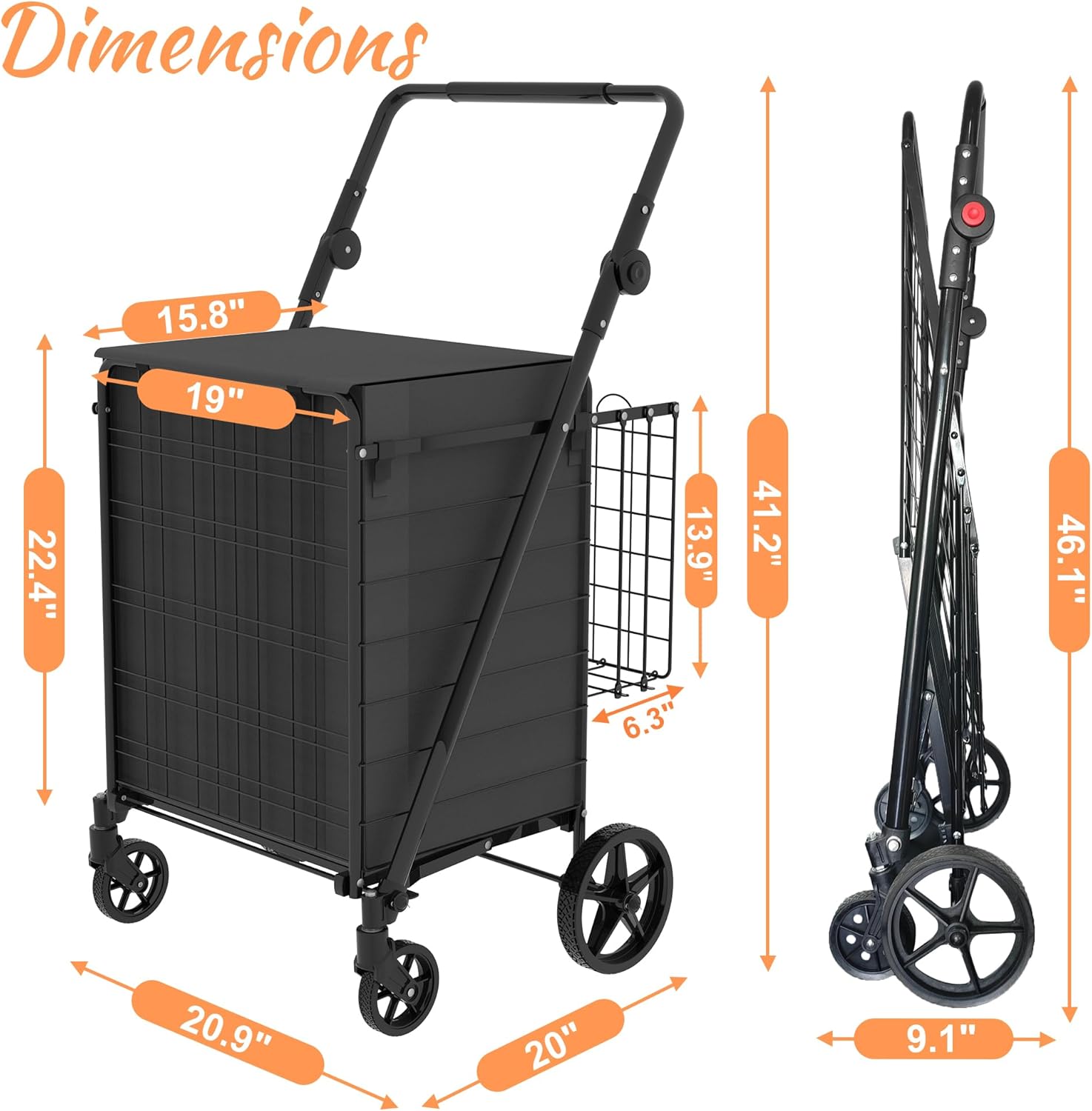 440 LBS Shopping Cart with Adjustable Handle, Waterproof Bag, 10-Min Assembly Heavy-Duty Foldable Grocery Cart with 360° Swivel Wheels for Apartments, Laundry, Camping, Black