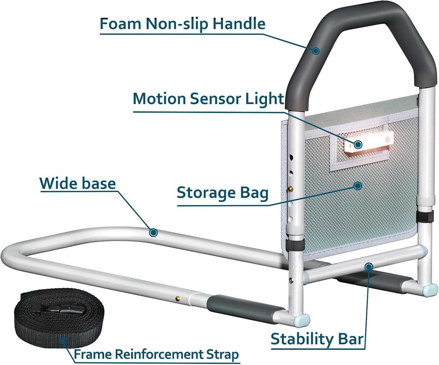 Bed Rails for Elderly Adults Safety - with Motion Light & Storage Pocket - Adjustable Bed Assist Rails for Seniors & Patients - Fits All Beds, Tool-Free Assembly