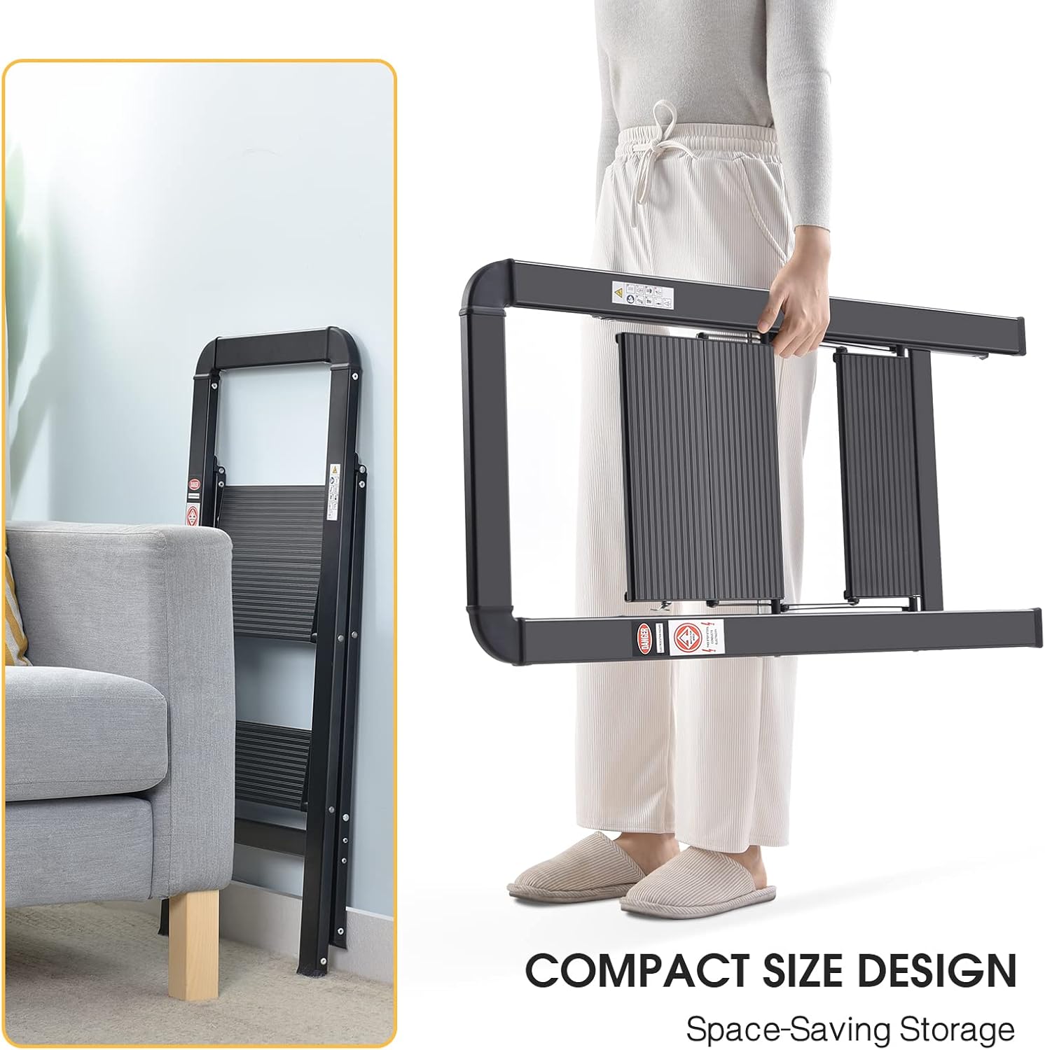 Step Ladder, 2 Steps, Folding Step Ladder with Handrail, Non-Slip Household Ladder with Folding Safety, Aluminium Step Stool, Maximum Load 150 Kg, Black
