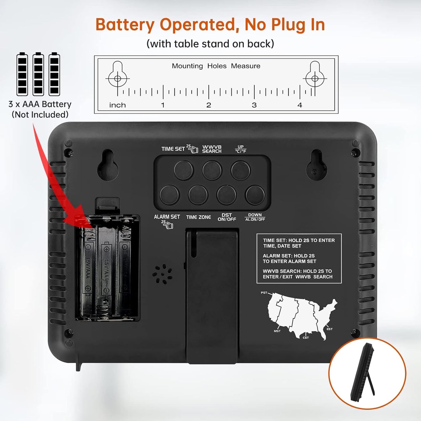Atomic Digital Wall Clock Battery Operated, Self-Setting, Large Display with Temperature, Date, Day of the Week, Silent Wall Mount Digital Clock, 4 Time Zones, DST
