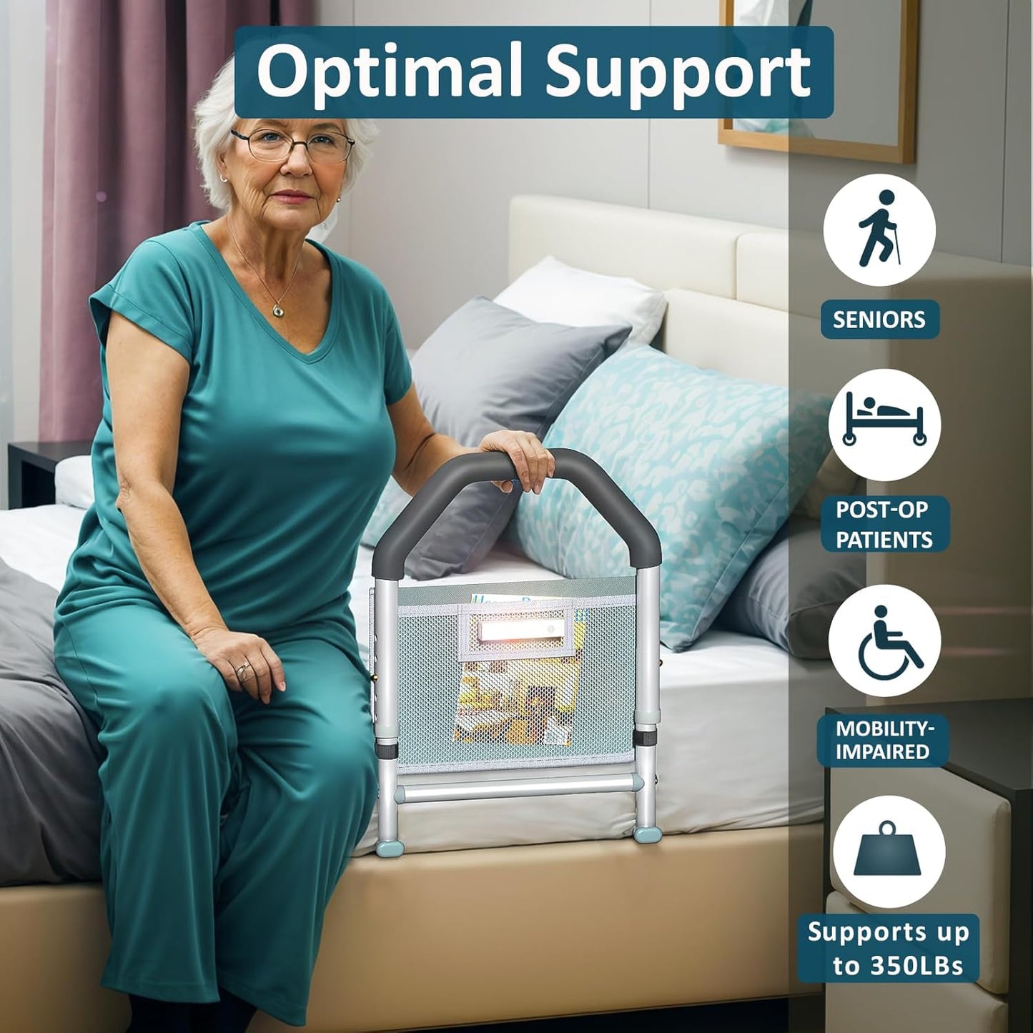 Bed Rails for Elderly Adults Safety - with Motion Light & Storage Pocket - Adjustable Bed Assist Rails for Seniors & Patients - Fits All Beds, Tool-Free Assembly