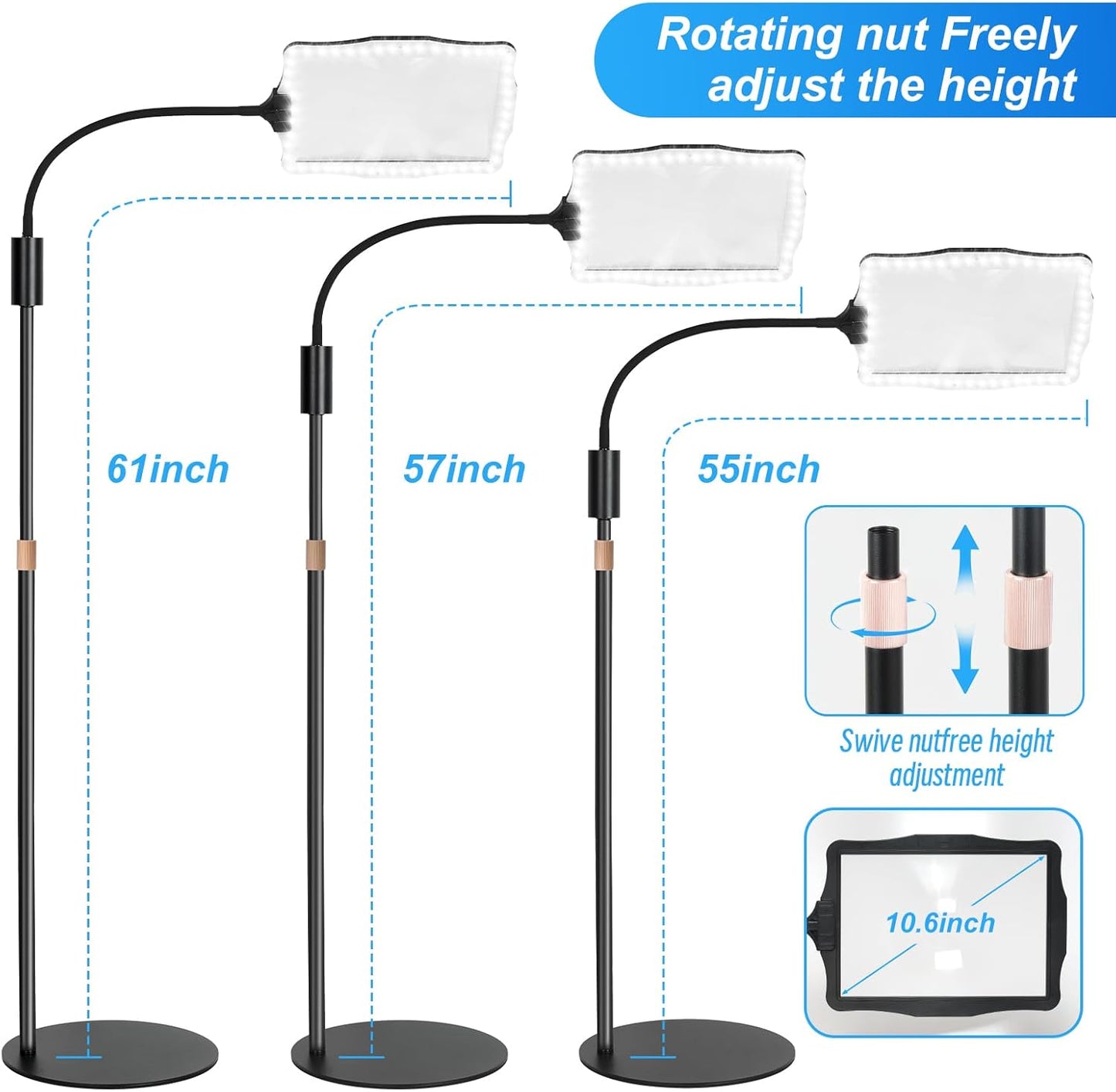 10X Magnifying Glass, with Light and Stand, 3 Light Modes Rechargeable Floor Magnifying,Suitable for Reading, Sewing, Crafts, DIY, Embroidery, Close Work. 