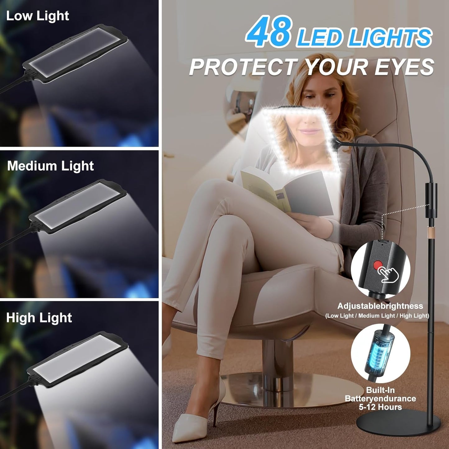 10X Magnifying Glass, with Light and Stand, 3 Light Modes Rechargeable Floor Magnifying,Suitable for Reading, Sewing, Crafts, DIY, Embroidery, Close Work. 