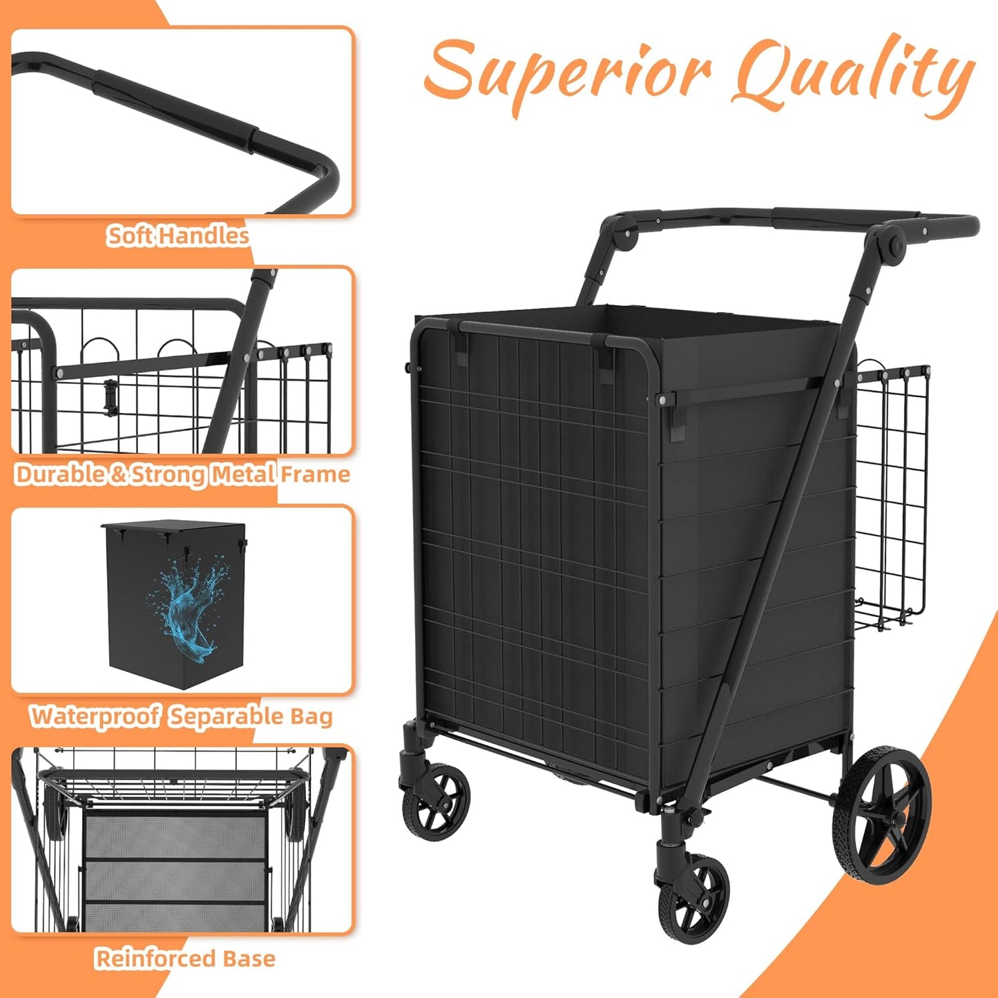 440 LBS Shopping Cart with Adjustable Handle, Waterproof Bag, 10-Min Assembly Heavy-Duty Foldable Grocery Cart with 360° Swivel Wheels for Apartments, Laundry, Camping, Black