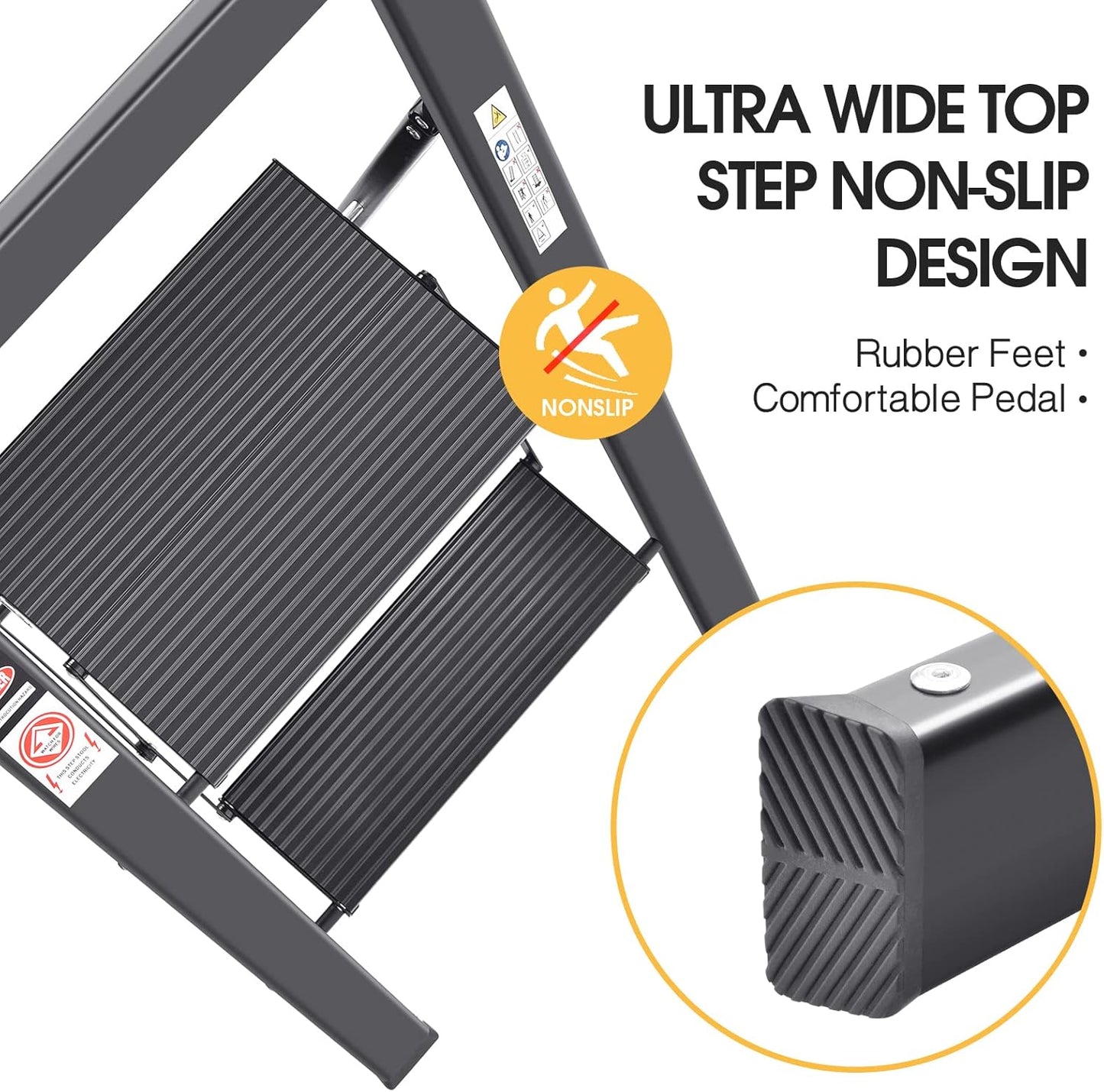 Step Ladder, 2 Steps, Folding Step Ladder with Handrail, Non-Slip Household Ladder with Folding Safety, Aluminium Step Stool, Maximum Load 150 Kg, Black