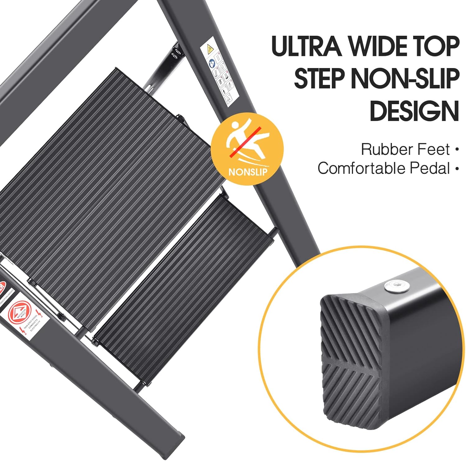 Step Ladder, 2 Steps, Folding Step Ladder with Handrail, Non-Slip Household Ladder with Folding Safety, Aluminium Step Stool, Maximum Load 150 Kg, Black