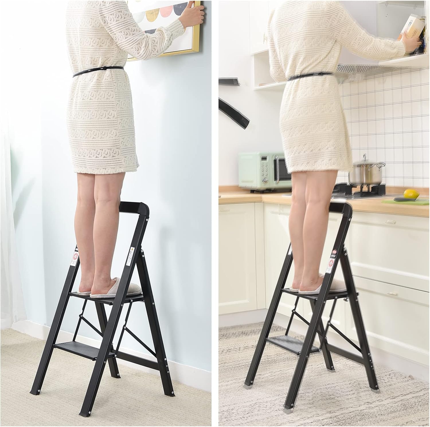 Step Ladder, 2 Steps, Folding Step Ladder with Handrail, Non-Slip Household Ladder with Folding Safety, Aluminium Step Stool, Maximum Load 150 Kg, Black