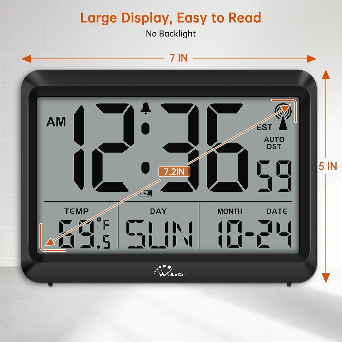 Atomic Digital Wall Clock Battery Operated, Self-Setting, Large Display with Temperature, Date, Day of the Week, Silent Wall Mount Digital Clock, 4 Time Zones, DST